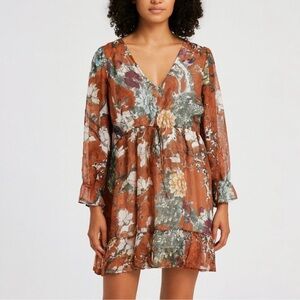 Hemant & Nandita Zeri Brown Floral Tiered Peasant Midi Dress 10